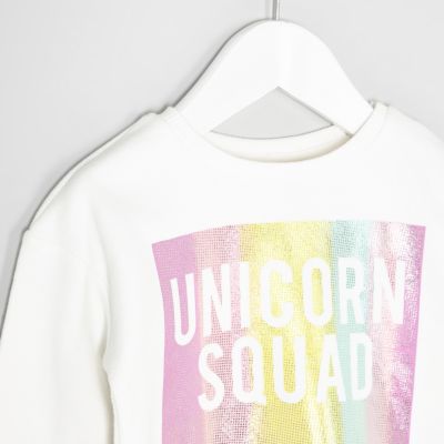 Mini girls white unicorn squad rainbow sweat